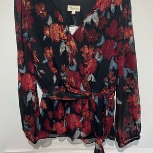 52seven Women's Multicolor Floral Tie Waist Long Sleeve Blouson Blouse Large NWT